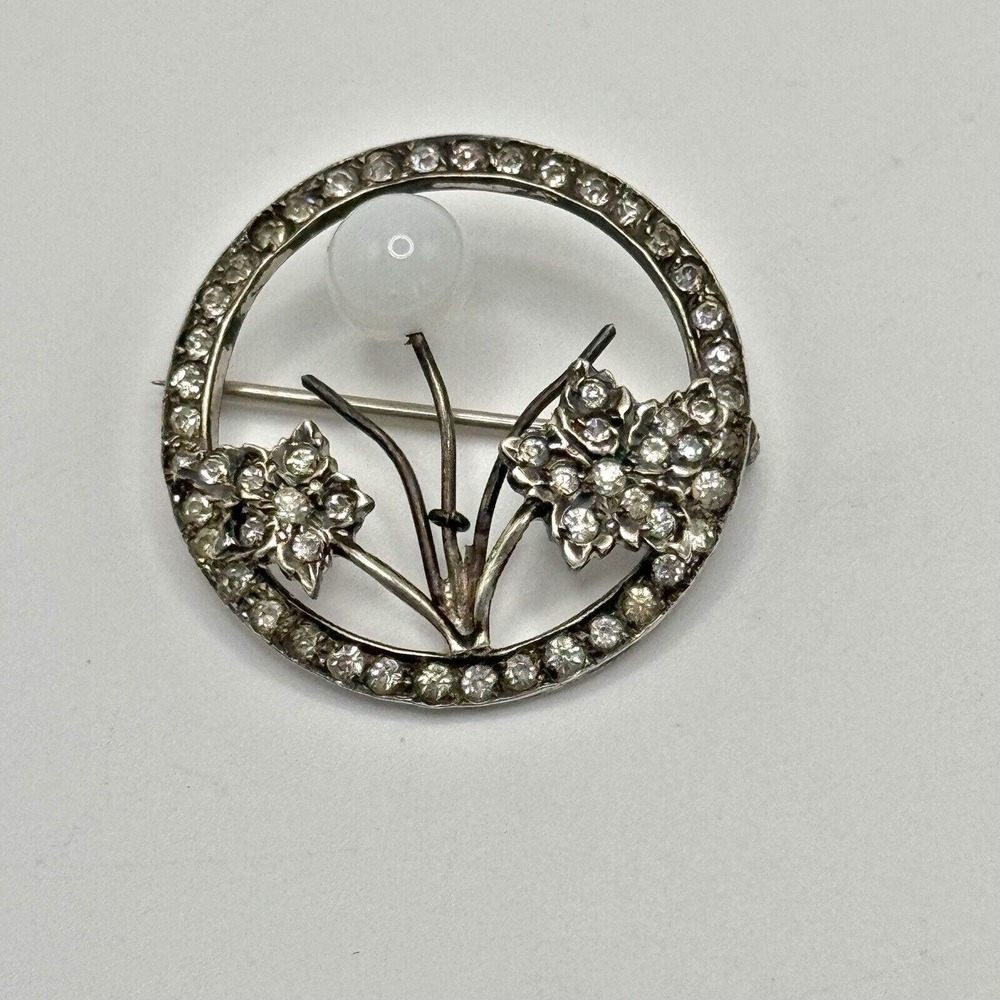 Vintage Sterling Silver Glass Rhinestone Flower Circle Brooch Pin 1930s Feminine